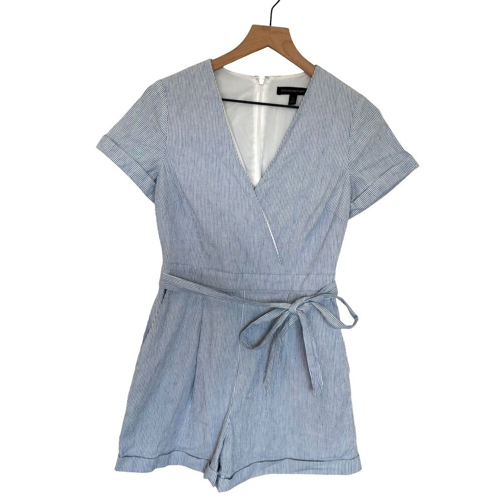 Banana Republic Boho Coastal Shorts Romper Blue & White Striped Tie Waist Size 4